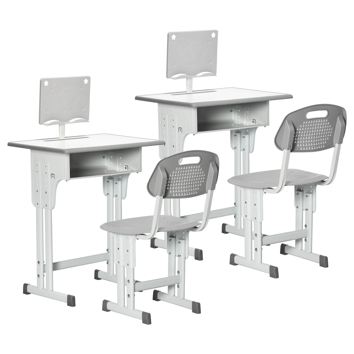 Kinderbureau – Kindertafel – Kindermeubel – Studiebureau – Bureau met Stoel – Verstelbare Hoogte – Met Boekensteun en Opbergruimte – Grijs-Wit – 60x45 cm