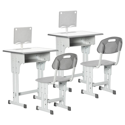 Kinderbureau – Kindertafel – Kindermeubel – Studiebureau – Bureau met Stoel – Verstelbare Hoogte – Met Boekensteun en Opbergruimte – Grijs-Wit – 60x45 cm