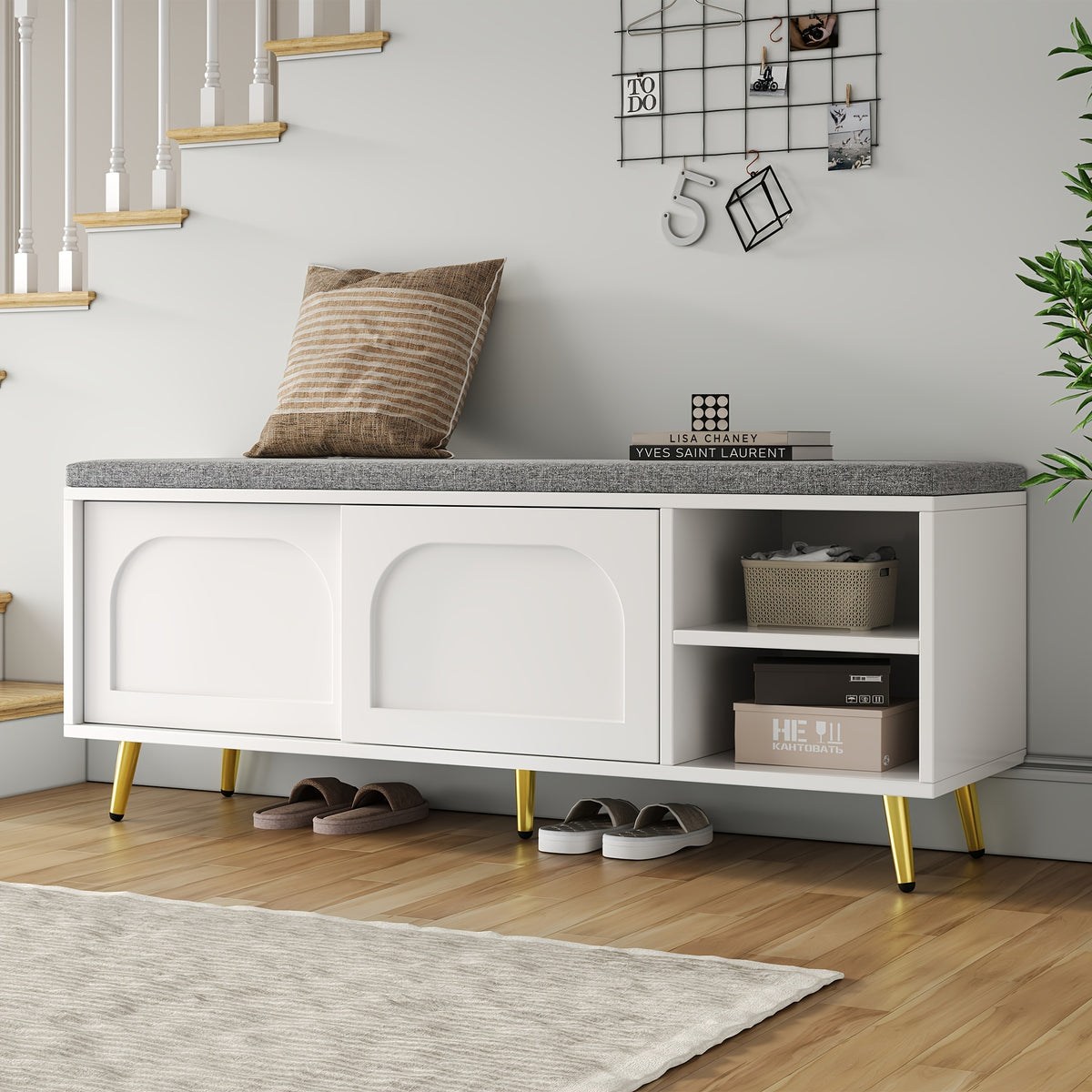 Schoenenbank – Schoenopbergbank – Schoenenkast – Zitbank – Opbergbank – Wit Rattan – Comfortabel Katoenen Kussen – Ruimtebesparend Design