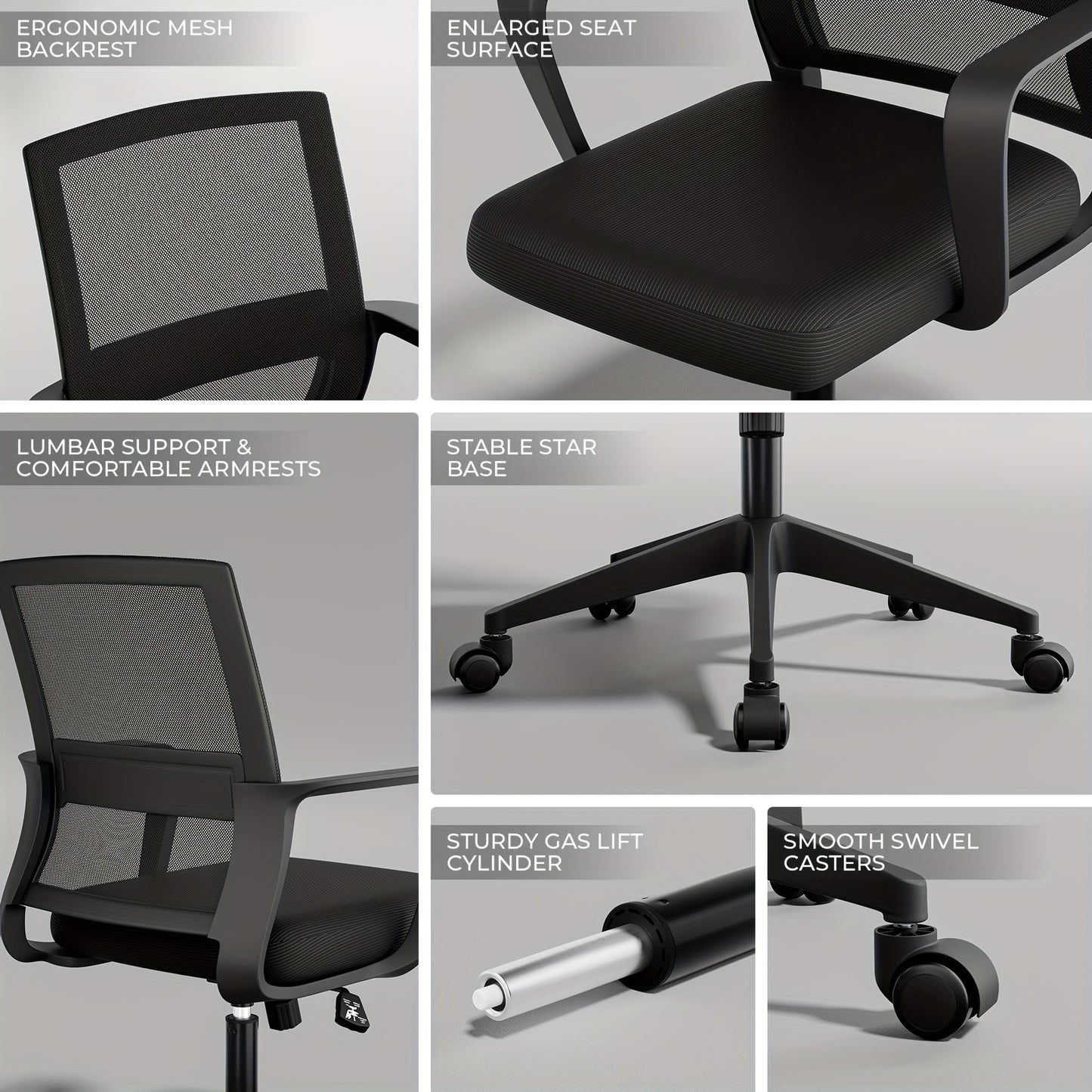 Bureaustoel – Ergonomische Stoel – Office Chair – Computerstoel – Kantoorstoel – Memory Foam Zitting – Verstelbare Lendensteun – 360° Draaibaar – Mesh Rugleuning – Metalen Frame – Zwart