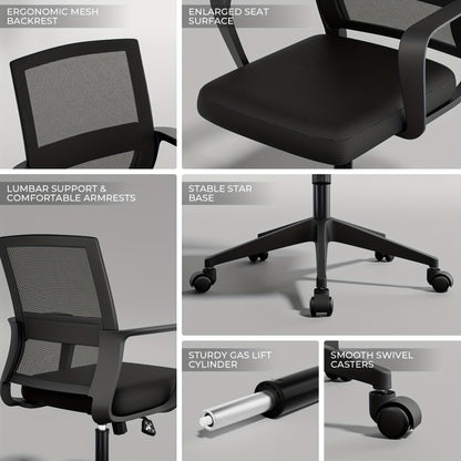 Bureaustoel – Ergonomische Stoel – Office Chair – Computerstoel – Kantoorstoel – Memory Foam Zitting – Verstelbare Lendensteun – 360° Draaibaar – Mesh Rugleuning – Metalen Frame – Zwart