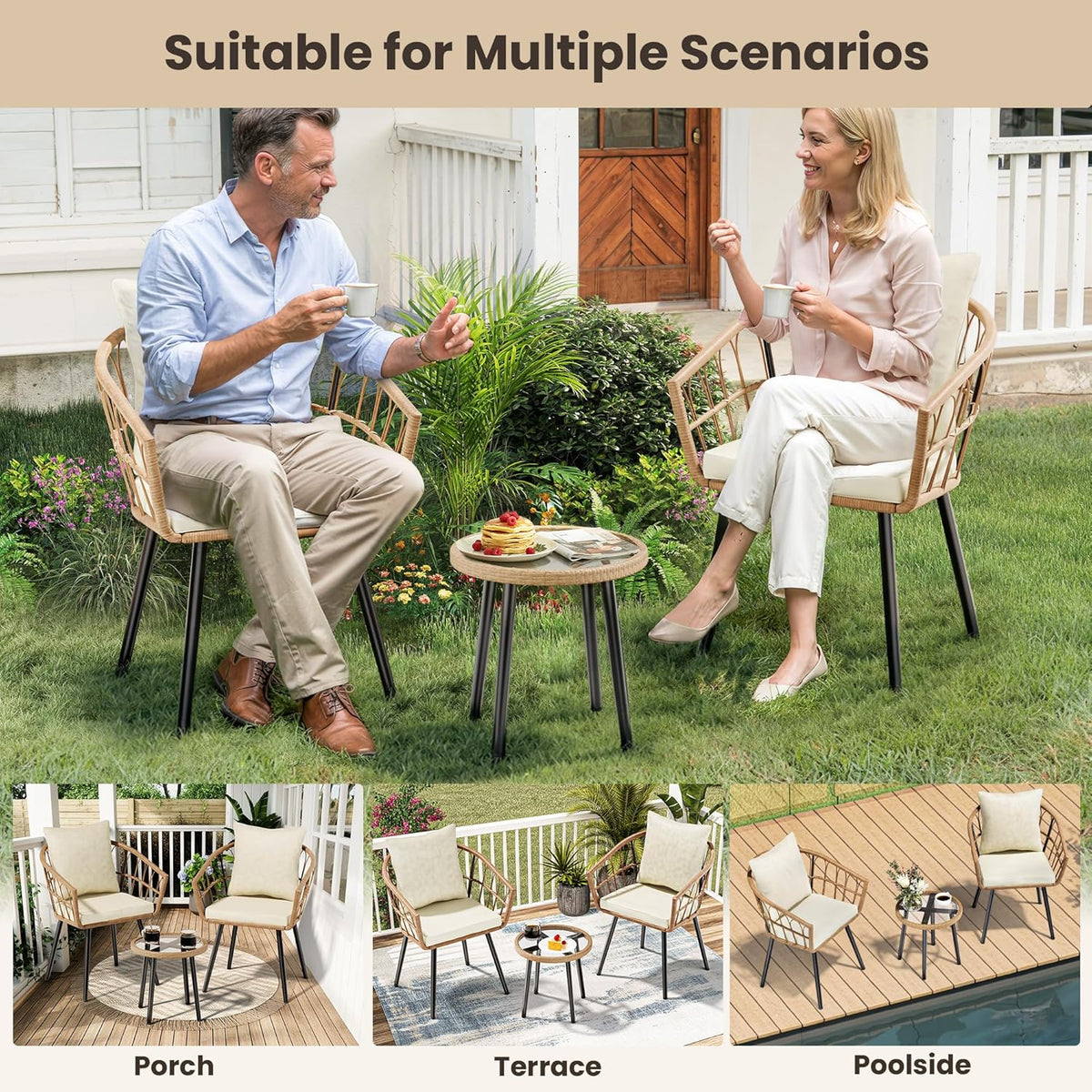 Pamapic 3-delige rotan bistroset, terrasbistroset met 2 stoelen en glazen salontafel, terrasmeubelset voor achtertuin, veranda en tuin