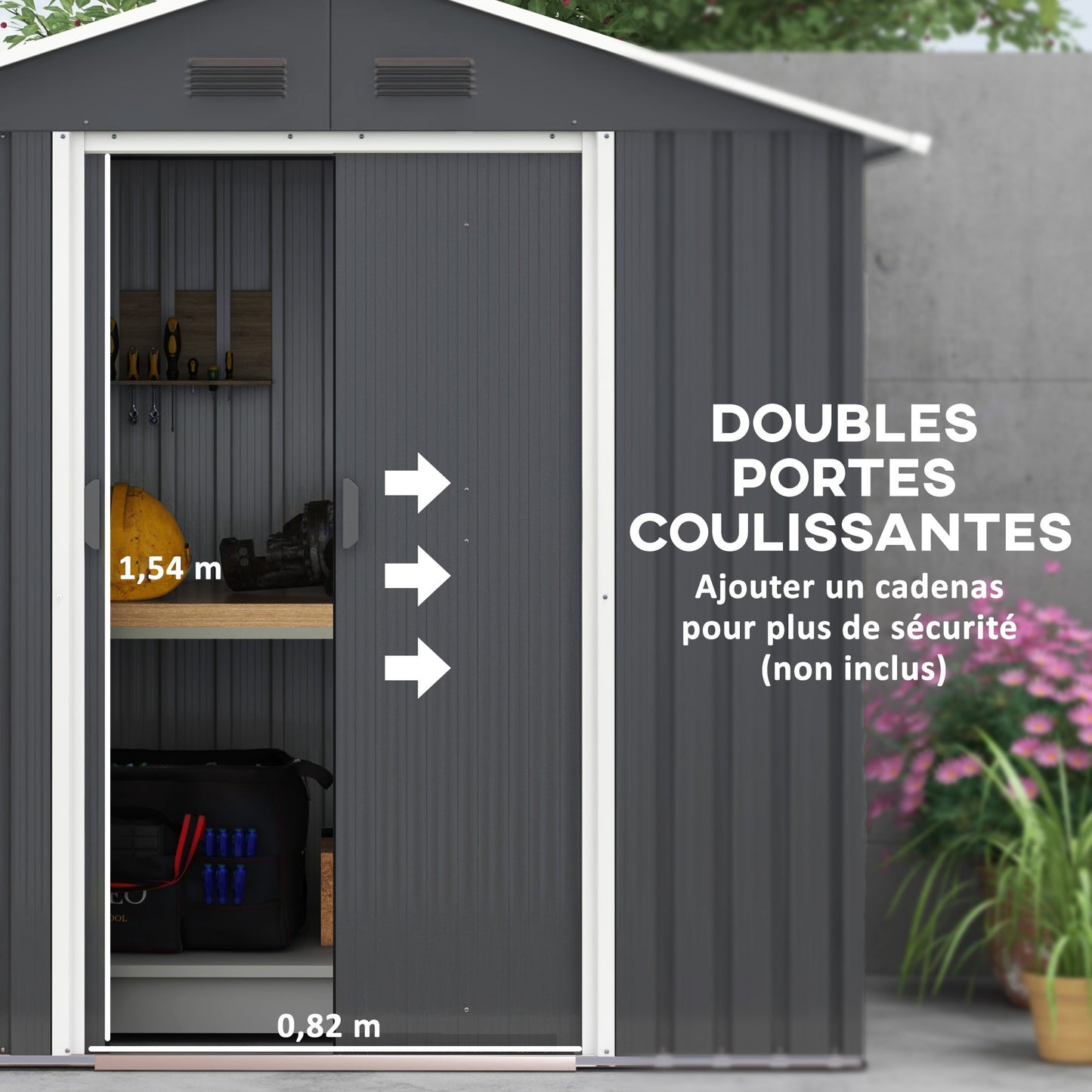 Metalen Tuinschuur – Tuinberging – Tuingereedschap Opslag – Tuinbox – Buitenopslag – 2,1 m² Ruimte – Ventilatie Met 4 Openingen – Dubbele Schuifdeuren Met Slot – Donkergrijs