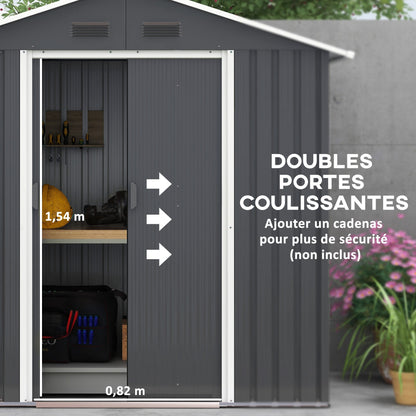 Metalen Tuinschuur – Tuinberging – Tuingereedschap Opslag – Tuinbox – Buitenopslag – 2,1 m² Ruimte – Ventilatie Met 4 Openingen – Dubbele Schuifdeuren Met Slot – Donkergrijs