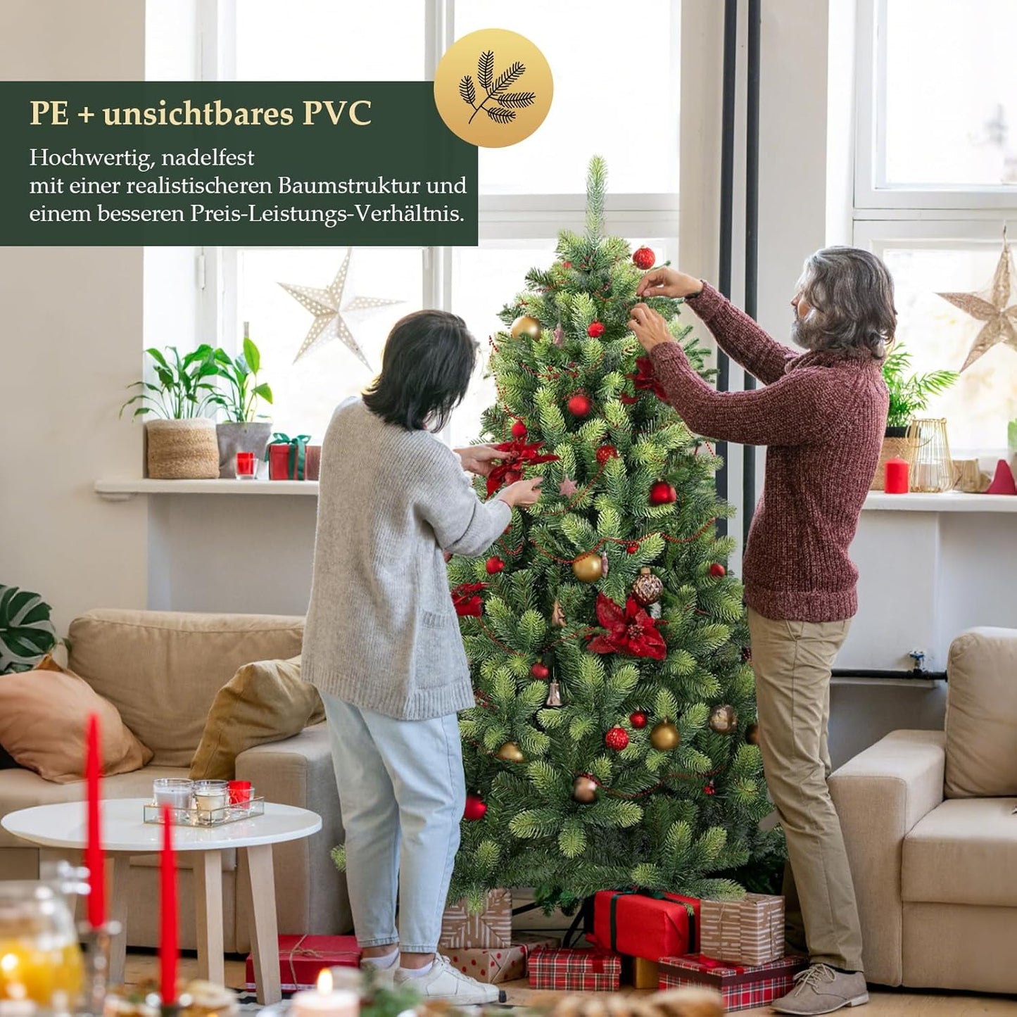 Kerstboom – Kunstkerstboom – Kunstboom – Versierde Boom – Flocked Boom – 210 cm Hoogte – Realistische PE Tips – Met Ingebouwde Verlichting
