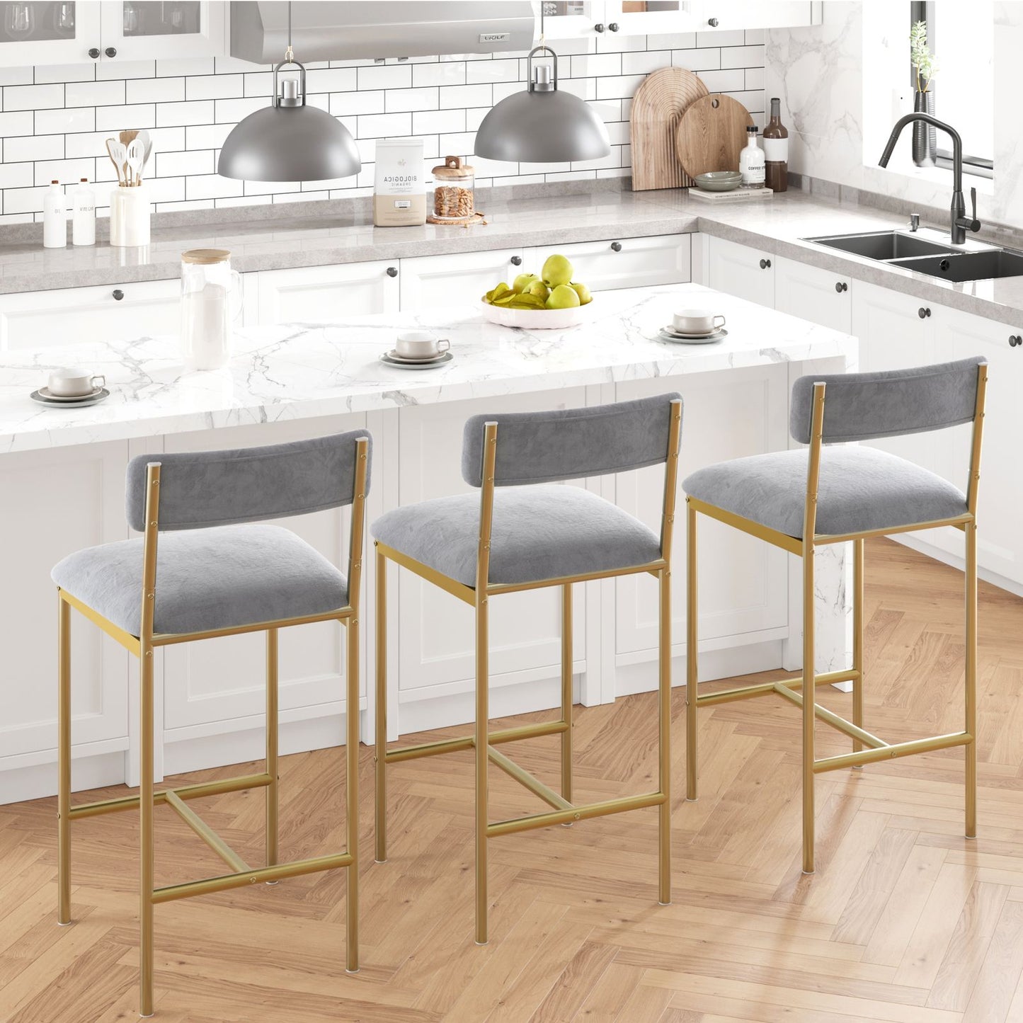 Hoge Bartafel Set – Barmeubel – Bistroset – Hoge Eettafel – Barstoel – Gouden Metaal – Velours Grijs – Ruimtebesparend Ontwerp – Eenvoudige Montage