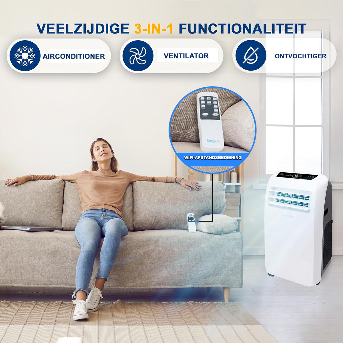 SereneLife Air Conditioner, 3-in-1 Portable Air Conditioner with Built-in Dehumidifier Function, Mobile Air Conditioner with Fan Mode, Remote Control, Complete Window Mount Exhaust Kit, 9,000 BTU, White - QUORE
