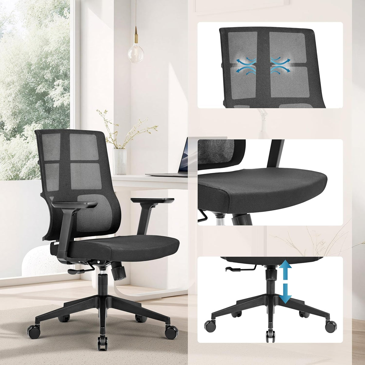 hjh OFFICE 810025 professionele bureaustoel Spinio stof zwart kantoor draaistoel met netrug, rugleuning in hoogte verstelbaar