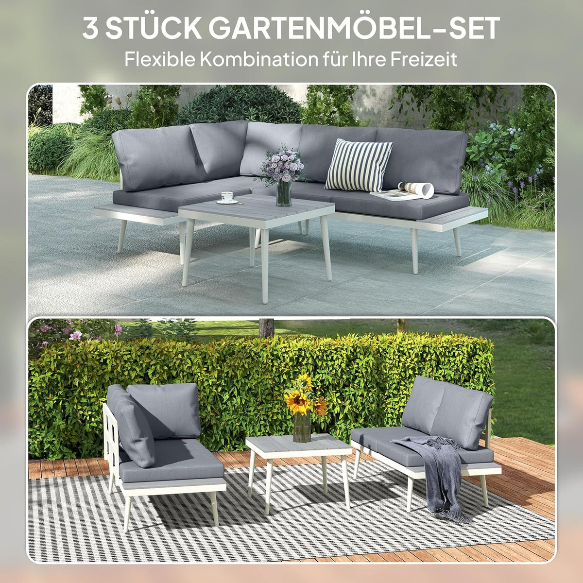Outsunny Gartenmöbel Set 4 Persons wetterfest Balkonmöbel-Set mit 2er Sofa, Kissen Beistelltisch Stahl Outdoor Sitzgruppe Terrassenmöbel Gartengarnitur Gartenlounge für Garten Terrasse Grau