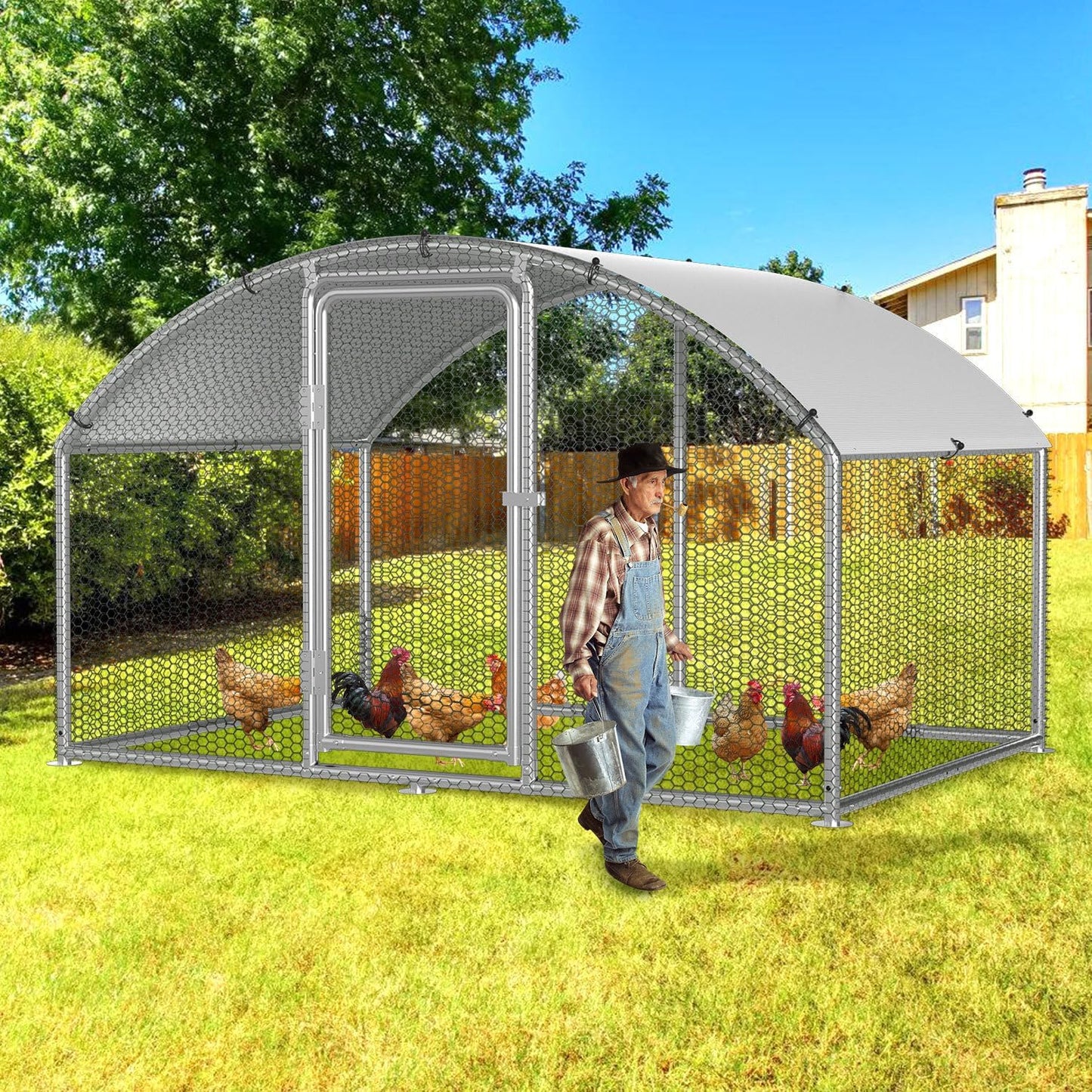 Chicken Coop Outdoor Run 3 x 2 x 2 m Chicken Coop Dome Roof Galvanised Steel Poultry Stable for Chickens, Rabbits, Geese and Pigeons and Quails, Metal Run with Net - QUORE