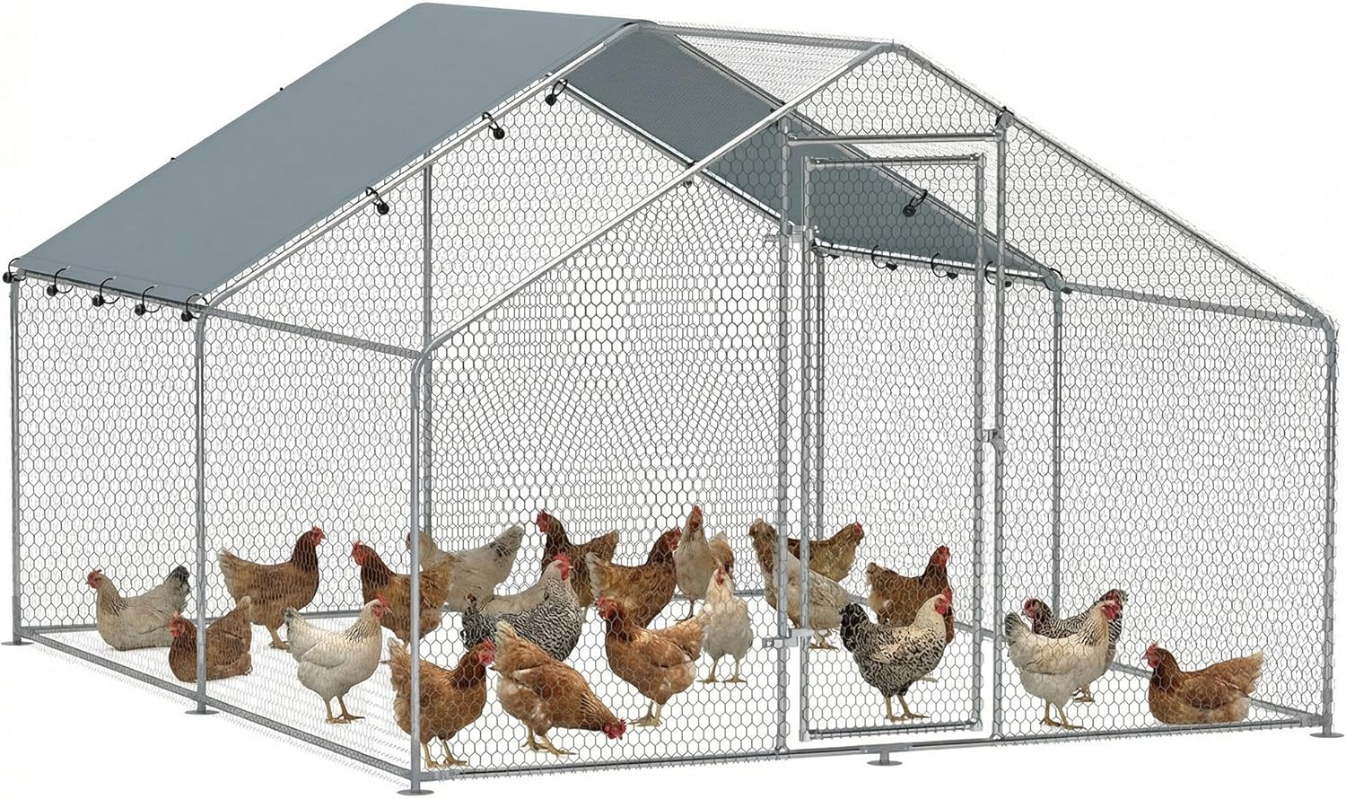 PawHut Chicken Coop 10.2 m² 3 x 3.4 x 1.90 m with UV-resistant waterproof cloth, security lock, door, chicken coop for 10-15 chickens, silver, steel - QUORE