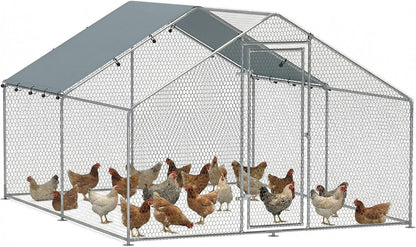 PawHut Chicken Coop 10.2 m² 3 x 3.4 x 1.90 m with UV-resistant waterproof cloth, security lock, door, chicken coop for 10-15 chickens, silver, steel - QUORE