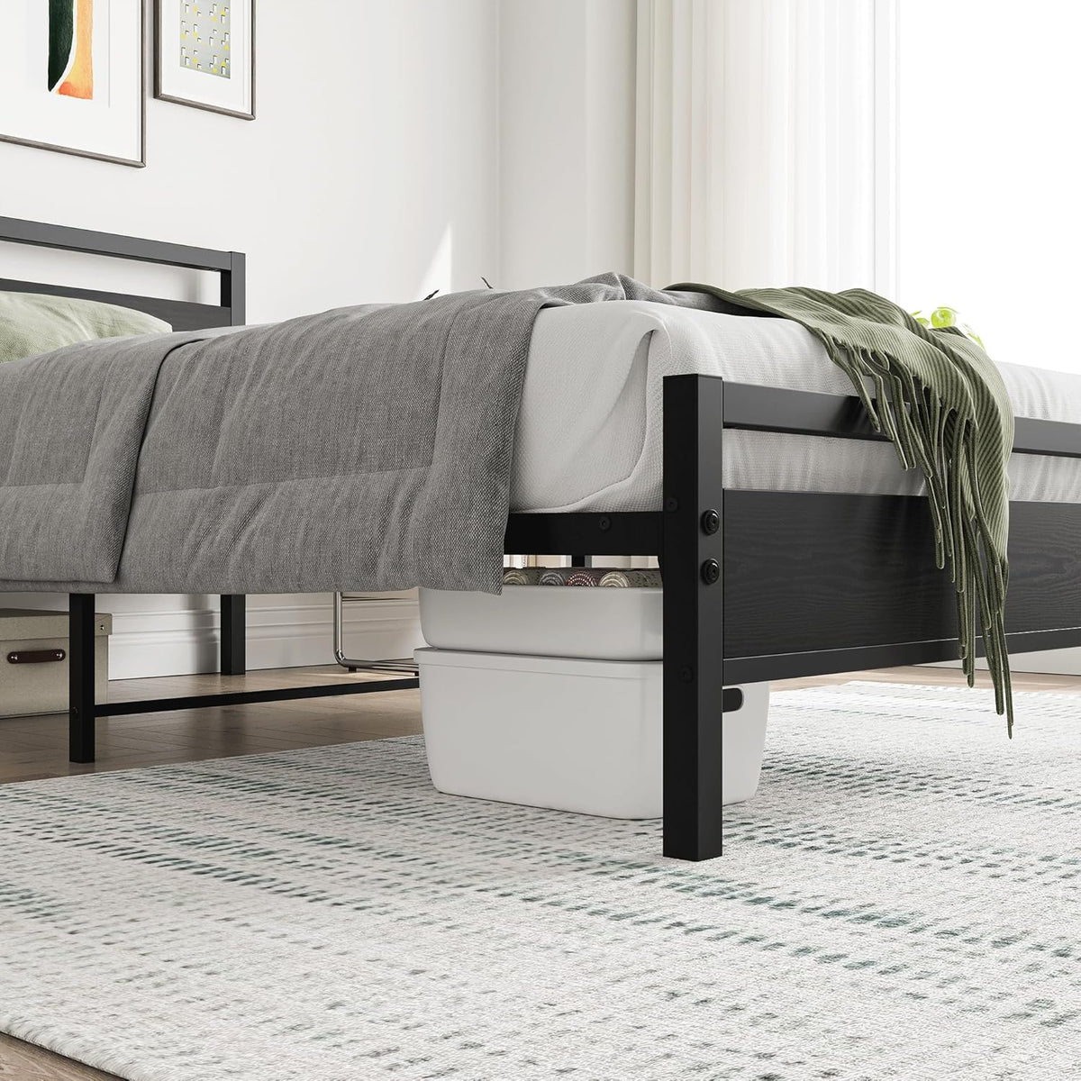 HOJINLINERO Bedframe 90 x 200 cm, bedframe van metaal, hout, eenpersoonsbed, metalen bed, 90 x 200 cm, met lattenbodem, logeerbed, tienerbed 90 x 200 cm met opbergruimte, opbergbed, bed frame, zwart