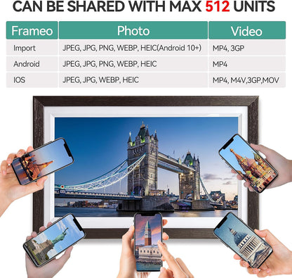 15,6 inch WLAN digitale fotolijst, 1366 x 768 IPS touchscreen, digitale fotolijst, 32G walnoot, deel foto's of video's via de Uhale-app