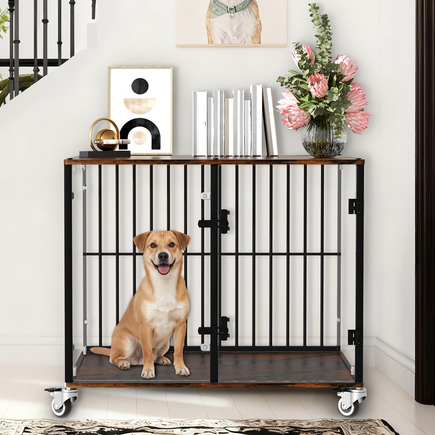 Bingopaw Dog Crate Furniture, 73cm Tempered Glass Dog Crate, Modern Indoor Dog Crate, Suitable for Small/Medium/Large Dogs Weighing No More Than 80kg, Side Table, Home Dog Crate, 77x 60 x 65cm, with 4 Brake Wheels, 360° No B