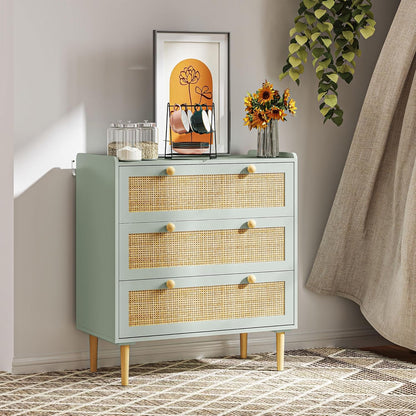 HOMCOM Kommode Beistellschrank mit 3 Schubladen, Sideboard mit Boho-Stil, Rattanoptik, Schubladenkommode für Wohnzimmer, Schlafzimmer, Hellblau 80 x 40 x 87.5 cm - QUORE