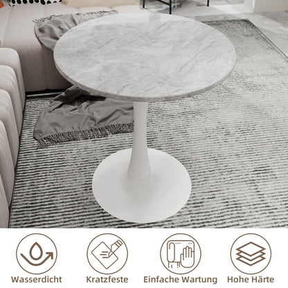 Ronde Salontafel – Bijzettafel – Koffietafel – Eettafel – Tafel – Kunstmarmer Blad – Lichtgrijze IJzeren Poot – 70 cm Diameter – Geschikt voor 2-4 Personen