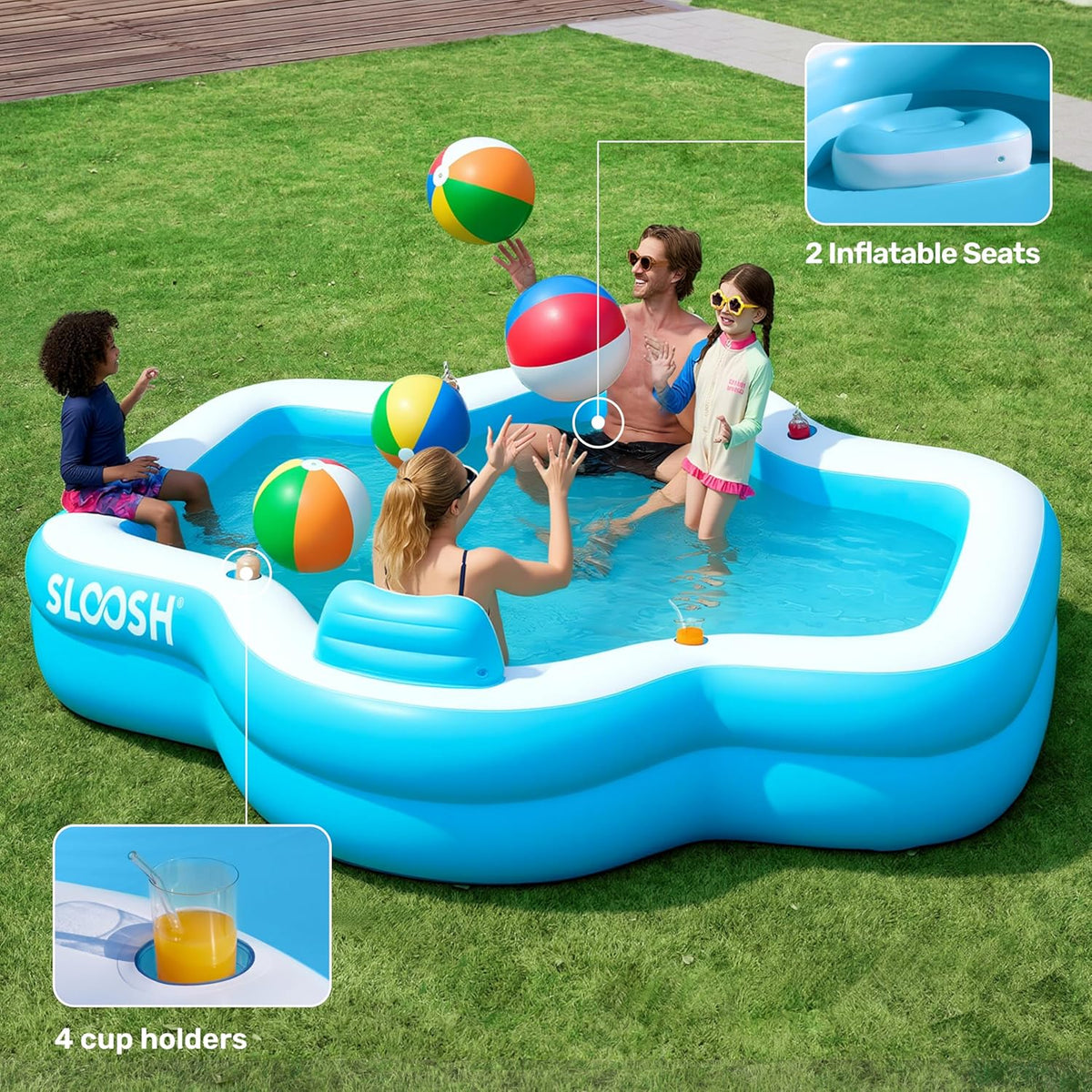 SLOOSH Opblaasbaar zwembad voor gezinnen met stoelen, 120" x 101" x 26" Full-Sized Blow Up Duurzaam verdikt bovengronds zwembad met rugleuning bekerhouders, zwembaden voor achtertuin zomer watergazon
