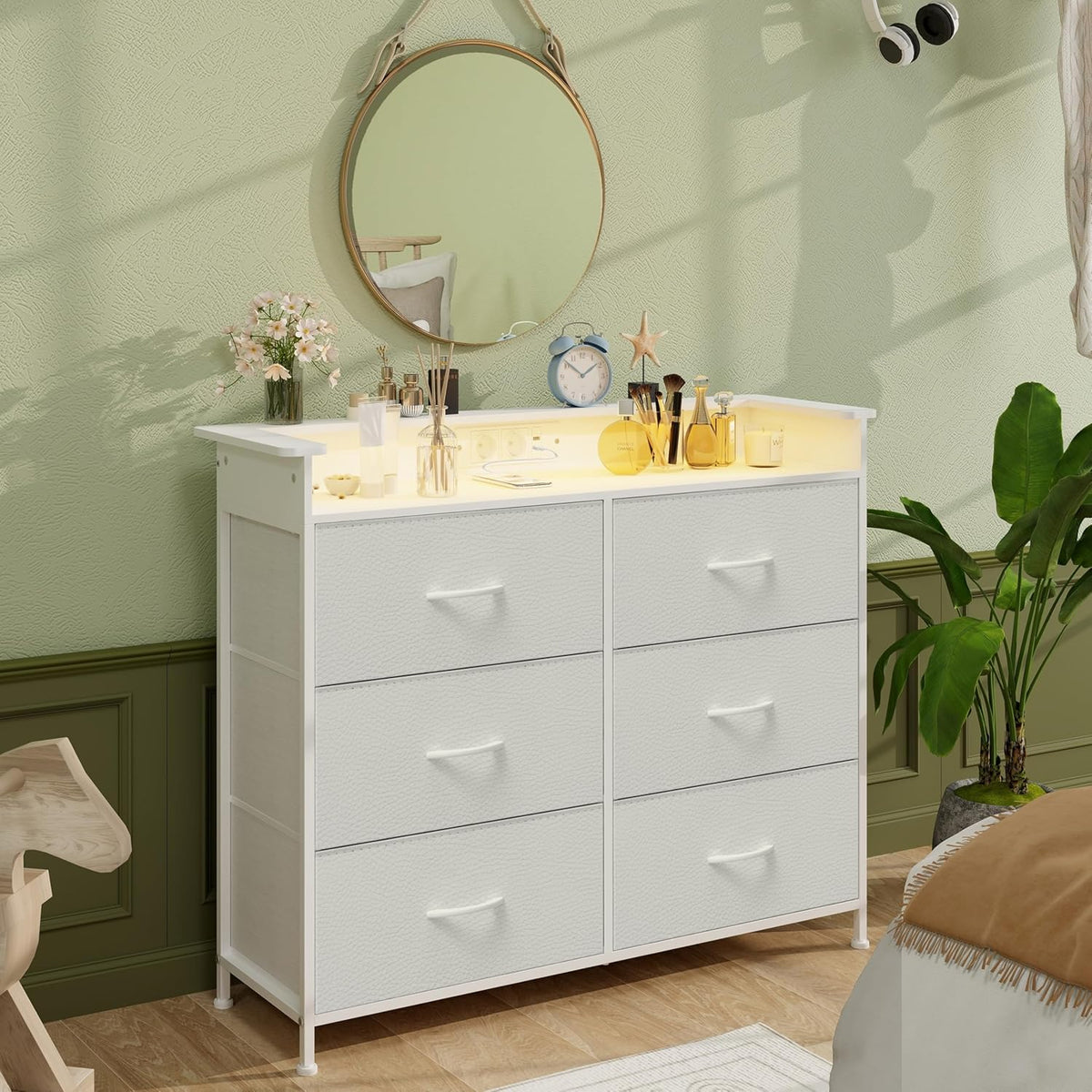 VEDECASA Commode met 6 laden en LED-verlichting. Dressoir met 2 USB-poorten & 2 stopcontacten. Opbergtoren met kast voor slaapkamer, woonkamer en hal, metalen frame, houten plaat