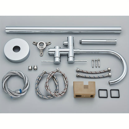 Badkraan – Badmengkraan – Vrijstaande Kraan – Badmengkraan Met Handdouche – Thermostatische Badkraan – Chroom – Messing Materialen – Draaibare Zwanenhals Uitloop