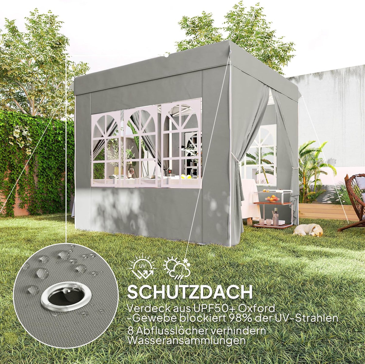 Outsunny Pavillon 2,5x2,5m, wasserabweisend Stabil Winterfest Pop-up Faltpavillon, UV Schutz 50+, Faltbar Partyzelt Gartenzelt mit 4 Seitenteilen Tasche Gartenpavillon für Camping Garten, Hellgrau - QUORE