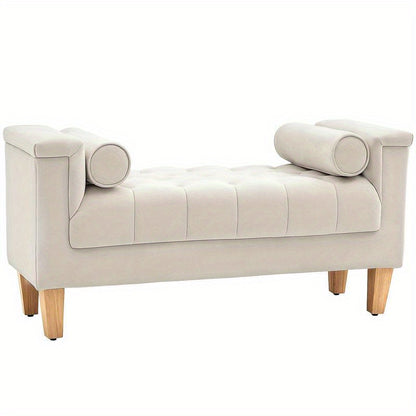 Gestoffeerde Bank – Zitbank – Opbergbank – Bankje – Padded Bench – Vintage Design – Chenille Bekleding – 115x44x58 cm – Inclusief 2 Kussens – Opbergruimte