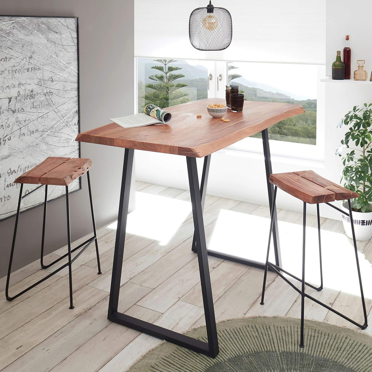 GOA natuurlijke bartafel, boomrand, massief hout, acacia, industriële stijl, hoge tafel voor keuken, woon- en eetkamer, 140 x 105 x 77 cm (b x h x d)