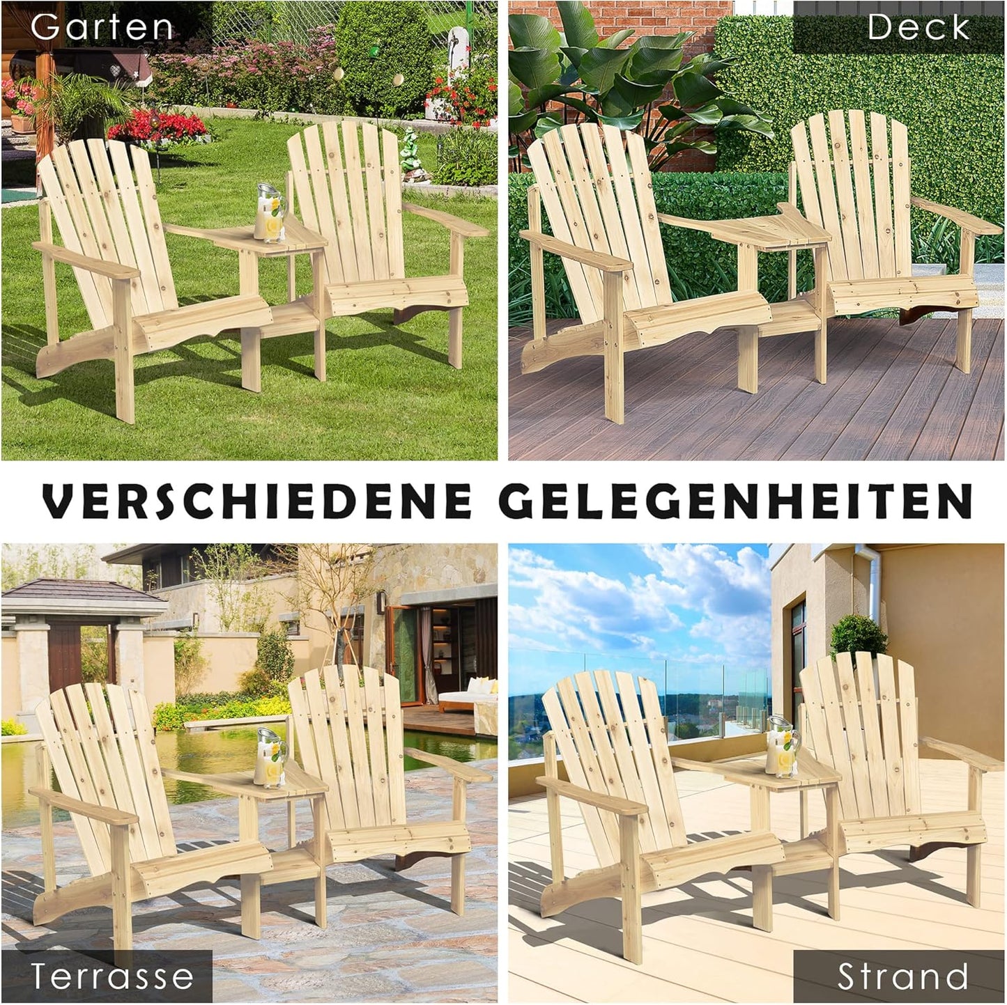 Adirondack Tuinstoel – Tuinstoelenset – Buitenstoel – Lounger – Balkontuinmeubilair – Massief Dennenhout – Weerbestendig Coating – Tussentafel Met Parasolopening – 2-Zits – 178x87x92 cm