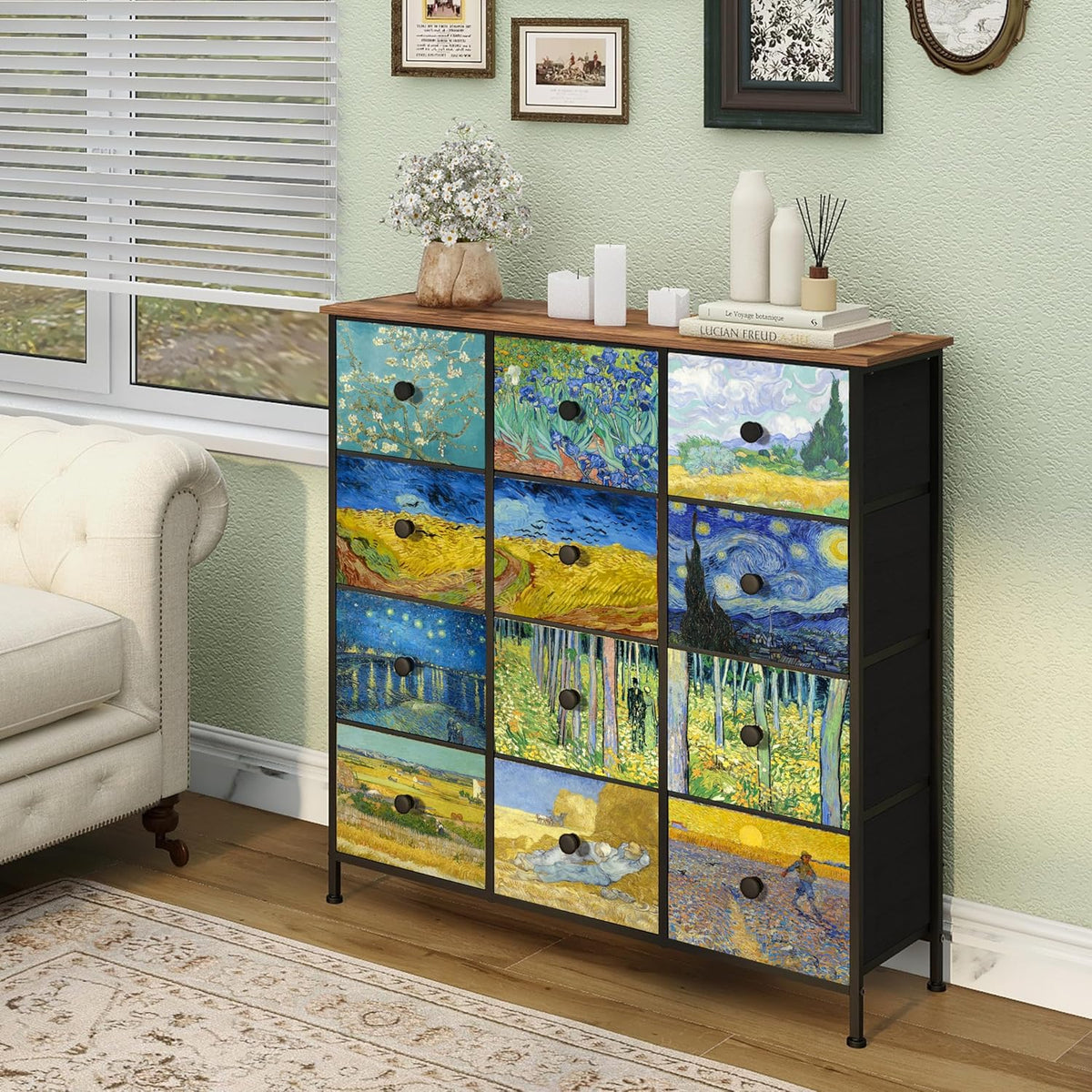 VEDECASA Commode voor slaapkamer kast met 12 laden van stof Van Gogh opbergtoren voor kast voor woonkamer kinderkamer hal kantoor metalen frame houten plaat stoffen commode