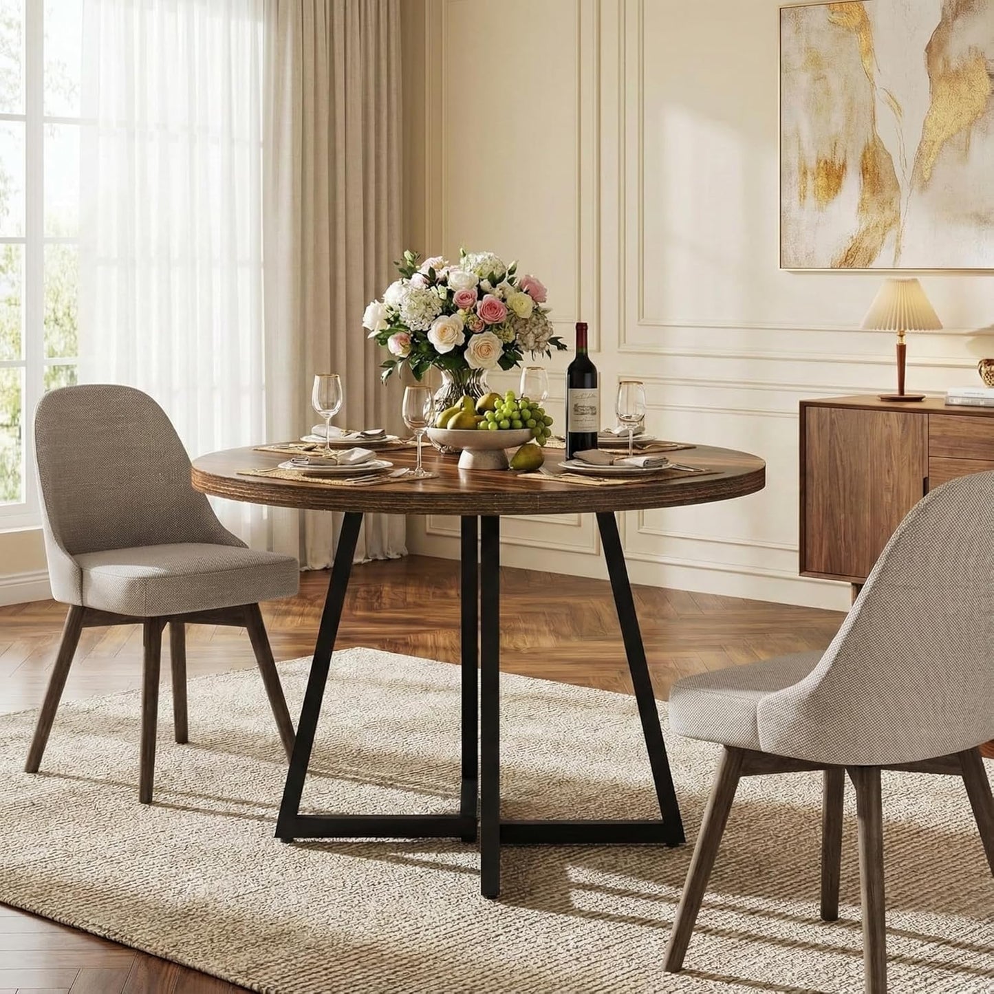 Eettafel Rond – Eetkamertafel Rond – Industrieel Tafeltje – Dining Table – Compacte Tafel – 80x80 cm – Met Zwart Metalen Onderstel