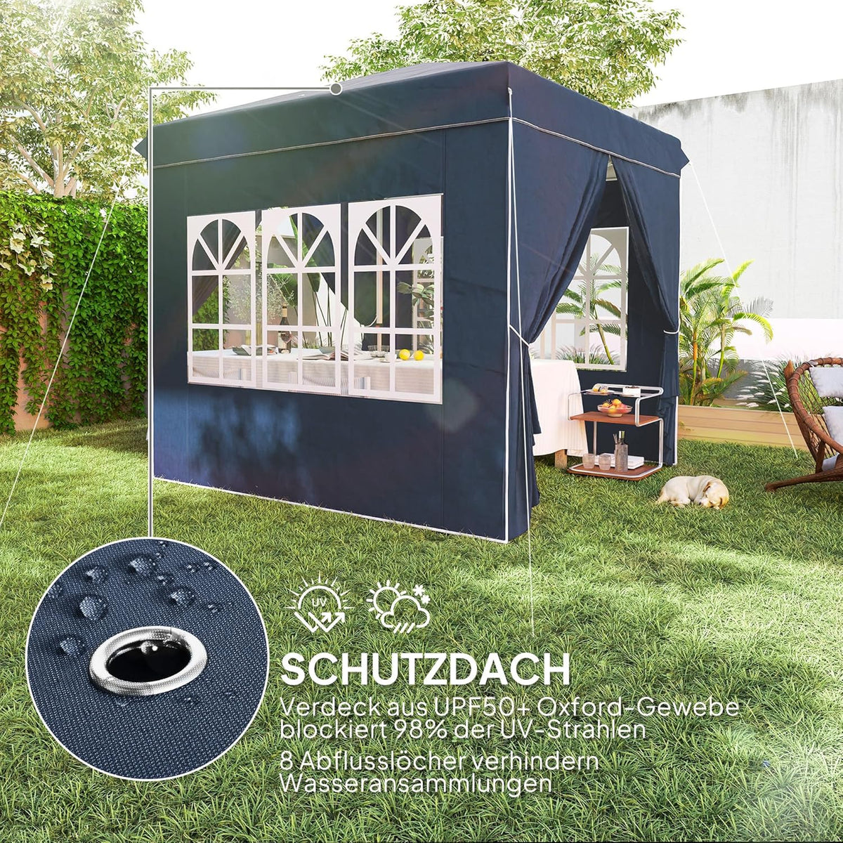 Paviljoen – Partytent – Gazebo – Tuinpaviljoen – Prieel – Opvouwbaar – Waterafstotend – UV-bescherming 50+ – 2,5x2,5 meter – Met 4 zijwanden – Donkerblauw
