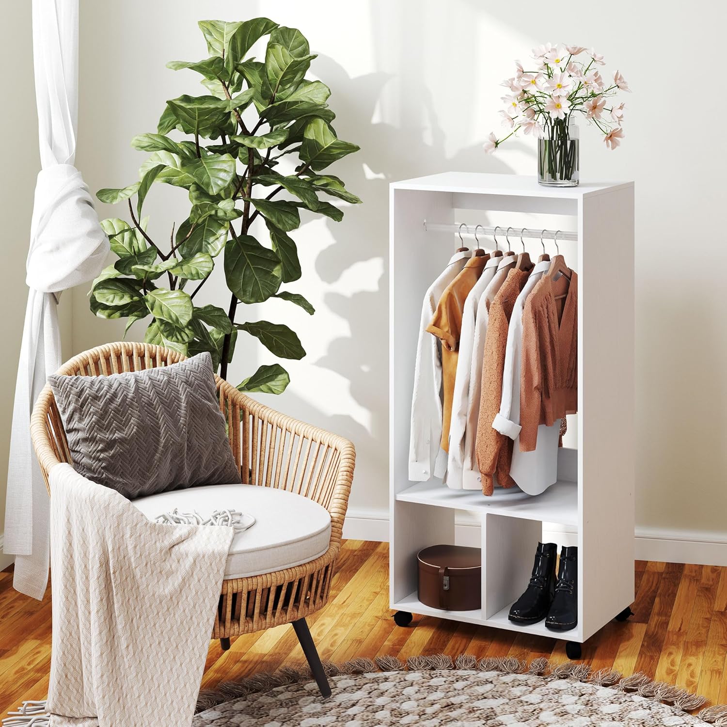 HOMCOM Mobile Wardrobe Wardrobe with Shelf 4 Casters for Living Room Bedroom, Aluminum Alloys, 60 x 40 x 128 cm, White - QUORE