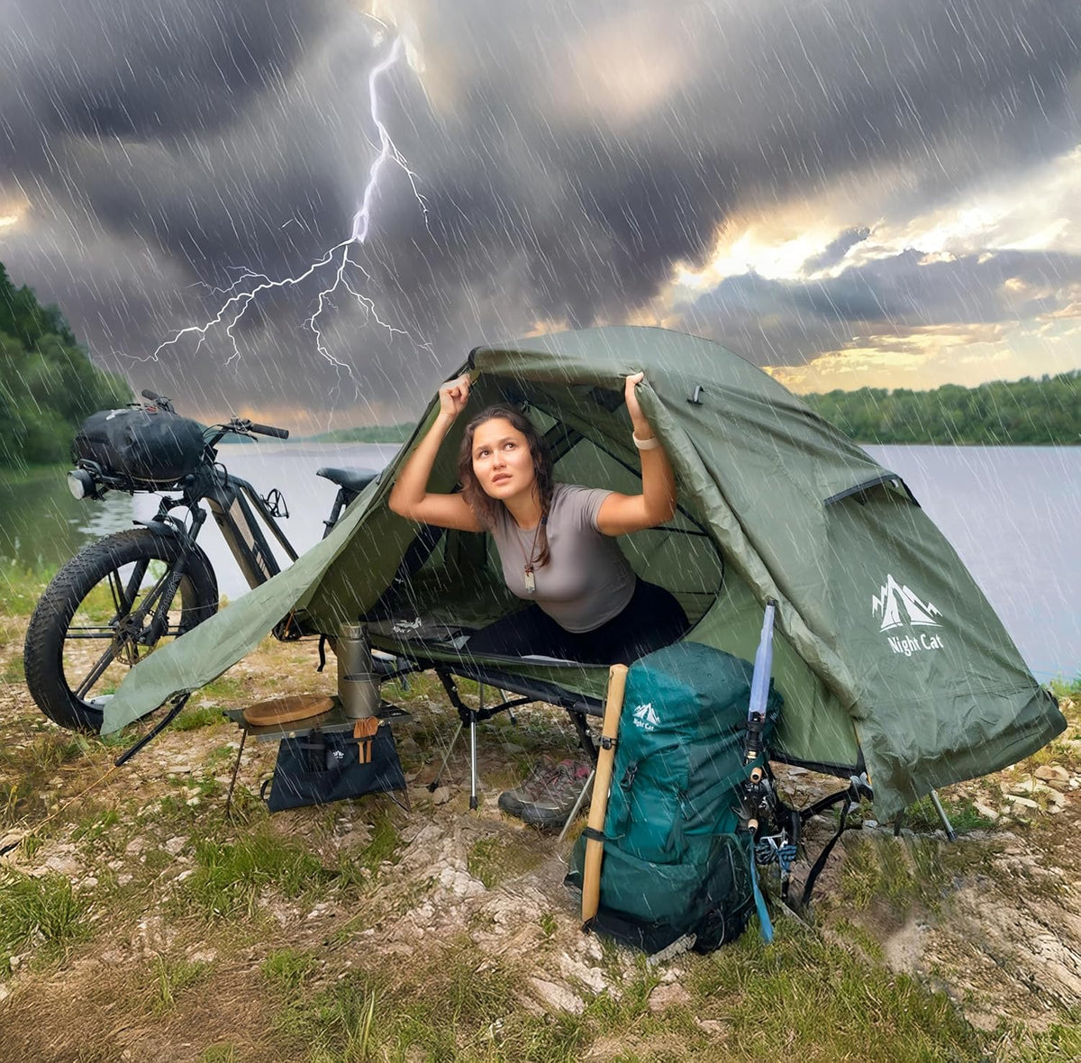 Night Cat Off Ground Tent: 1 Persoon Tent met Kampeerbed voor Vissen Wandelen Camping