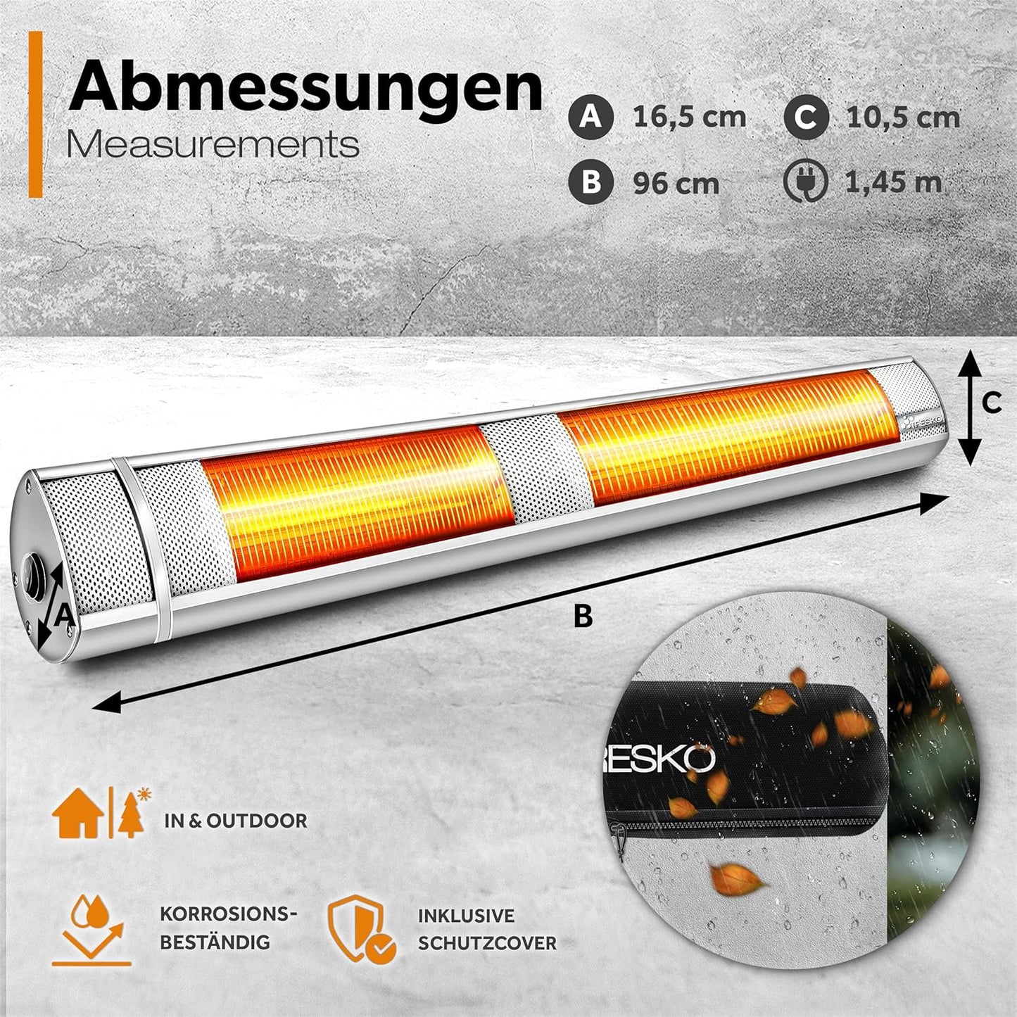 TRESKO infrarood verwarming, 3000 W, met afstandsbediening, elektrisch, voor op het terras, met 3 warmtestanden, terrasverwarming voor binnen en buiten, infrarode wandverwarming, verwarming voor de
