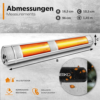 TRESKO infrarood verwarming, 3000 W, met afstandsbediening, elektrisch, voor op het terras, met 3 warmtestanden, terrasverwarming voor binnen en buiten, infrarode wandverwarming, verwarming voor de