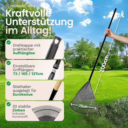 Bladbezem – Tuinbezem – Gazonhark – Hark – Landschapsbezem – 3-Delig Met 75 Cm Werkbreedte – Verstelbare 4-delige Steek- En Schroefsteel