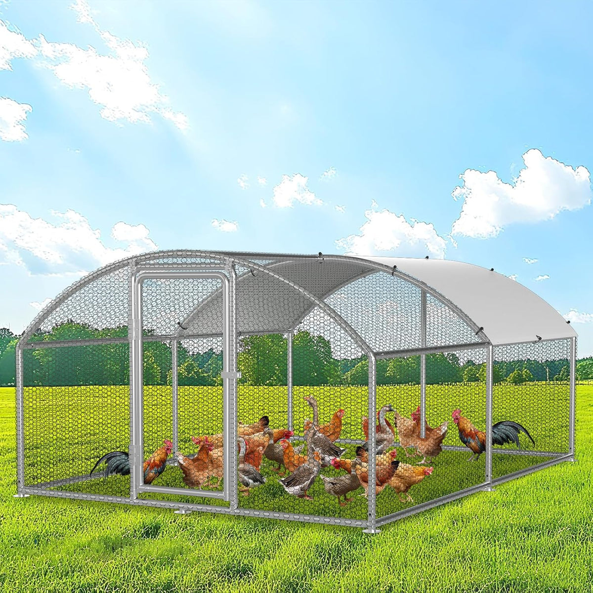 Chicken Coop Outdoor House, Rabbits, Galvanised Steel, Outdoor Chicken Coop with Lock and Waterproof PE Fabric for Chickens, Small Animals and Plants (3 x 4 x 2 m) - QUORE