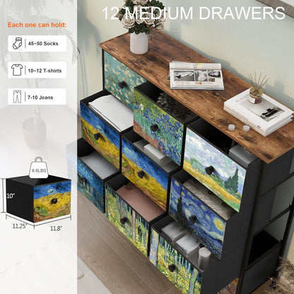 VEDECASA Commode voor slaapkamer kast met 12 laden van stof Van Gogh opbergtoren voor kast voor woonkamer kinderkamer hal kantoor metalen frame houten plaat stoffen commode