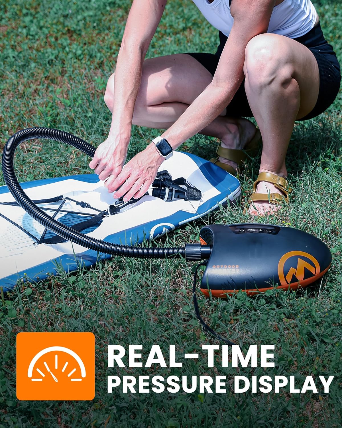 OutdoorMaster The Shark Hogedruk SUP-pomp - Elektrische luchtpomp met 20 PSI actief koelsysteem Slimme tweetraps inflatie en automatische uitschakeling voor opblaasbaar peddelbord, boten, watersport-opblaasboten met C7- en H3-klep