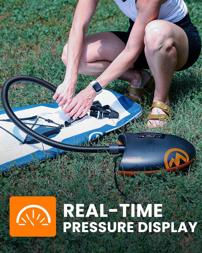 OutdoorMaster The Shark Hogedruk SUP-pomp - Elektrische luchtpomp met 20 PSI actief koelsysteem Slimme tweetraps inflatie en automatische uitschakeling voor opblaasbaar peddelbord, boten, watersport-opblaasboten met C7- en H3-klep
