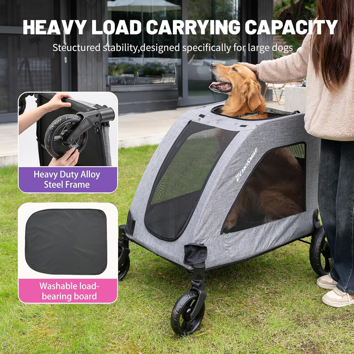 EchoSmile Hondenwagen voor middelgrote en grote honden tot 70 kg, opvouwbare hondenbuggy met netramen, verstelbare handgreep en 4 wielen voor terrein, grijs
