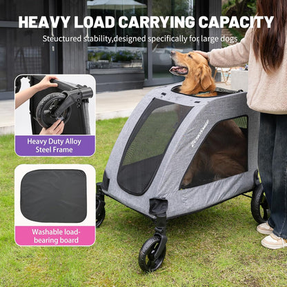 EchoSmile Hondenwagen voor middelgrote en grote honden tot 70 kg, opvouwbare hondenbuggy met netramen, verstelbare handgreep en 4 wielen voor terrein, grijs