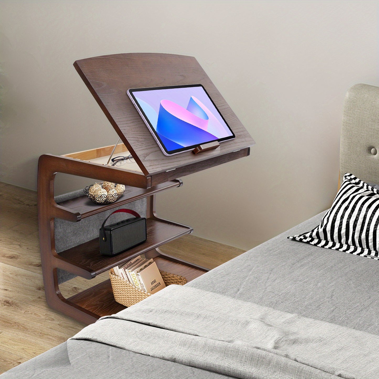 Salontafel met Opbergruimte – Bijzettafel – Koffietafel – Wandtafel – Rolstoeltafel – 4-laags Opbergruimte – Modern C-vormig Design – Rubberhout en IJzer – Wieltjes met Rem – 60 cm Hoog – Notenkleur