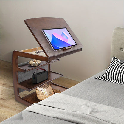 Salontafel met Opbergruimte – Bijzettafel – Koffietafel – Wandtafel – Rolstoeltafel – 4-laags Opbergruimte – Modern C-vormig Design – Rubberhout en IJzer – Wieltjes met Rem – 60 cm Hoog – Notenkleur