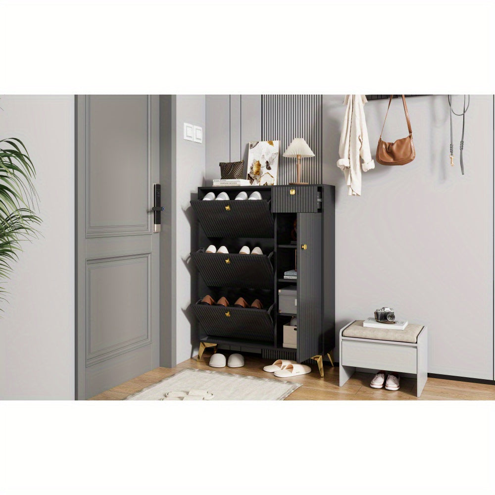 Schoenenkast – Schoenenrek – Schoenenopberger – Halbank – Opbergkast – Ruimtebesparend – Kunststof Zwart – 121x90x25 cm – Smal Modern Design