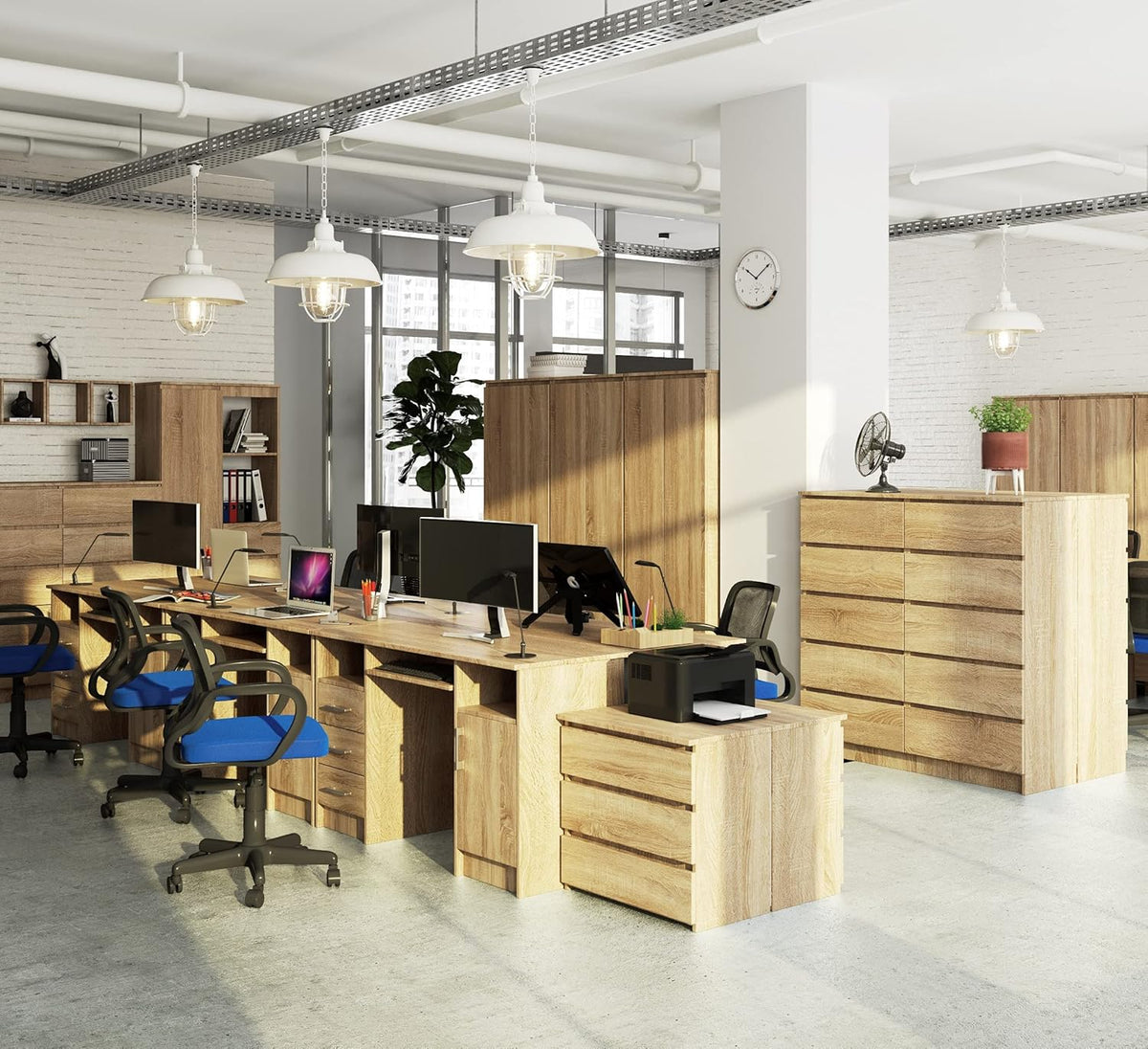 Computer table Ana, desk with 3 drawers, 1 shelf with door, 2 open shelves, 124 x 74 x 52 cm, 45 kg - QUORE