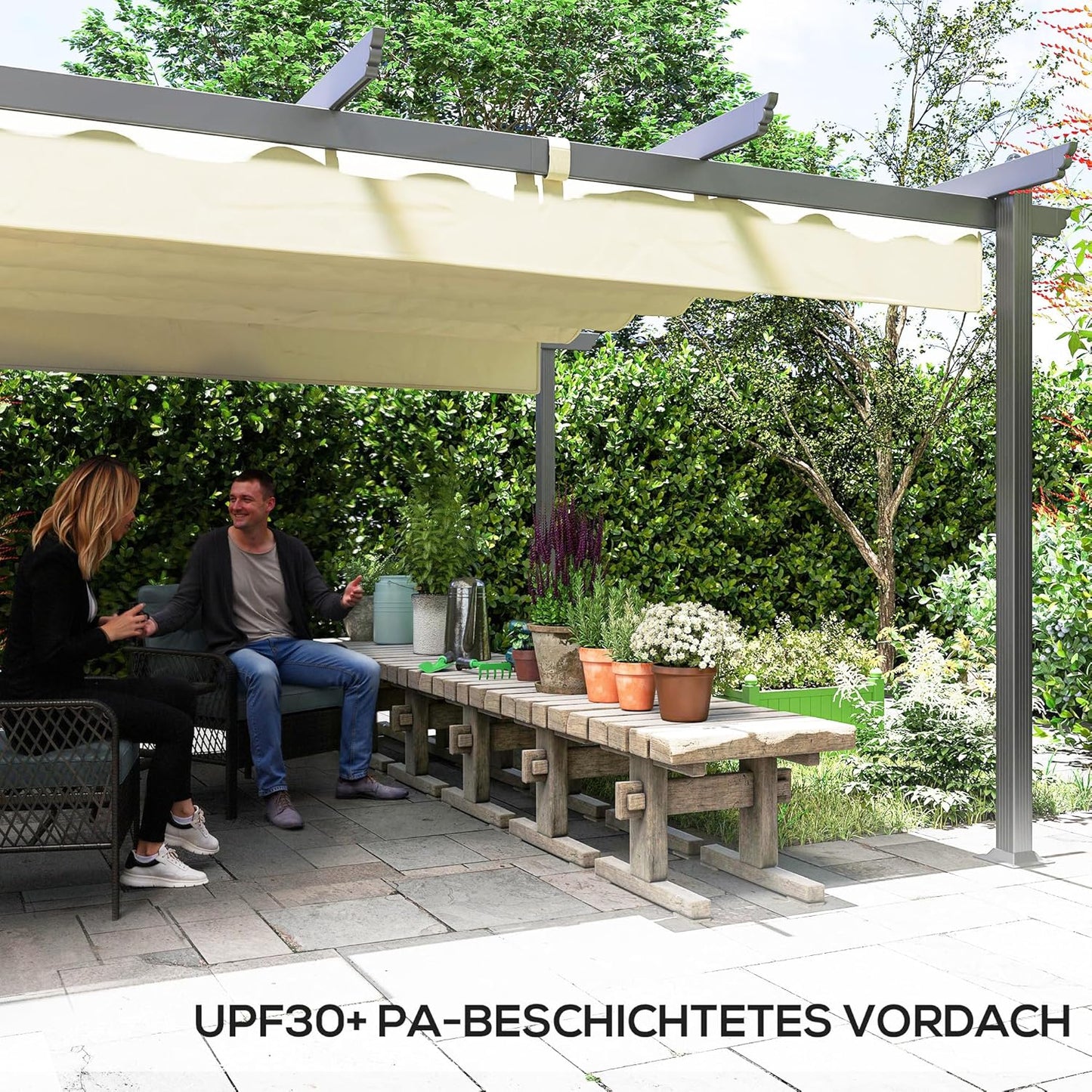 Aluminium Pergola – Tuinpaviljoen – Terrasoverkapping – Schaduwdoek – Buitenluifel – Inschuifbaar Dak – 390x390x223 cm – Roestvrijstalen 80mm Kolommen