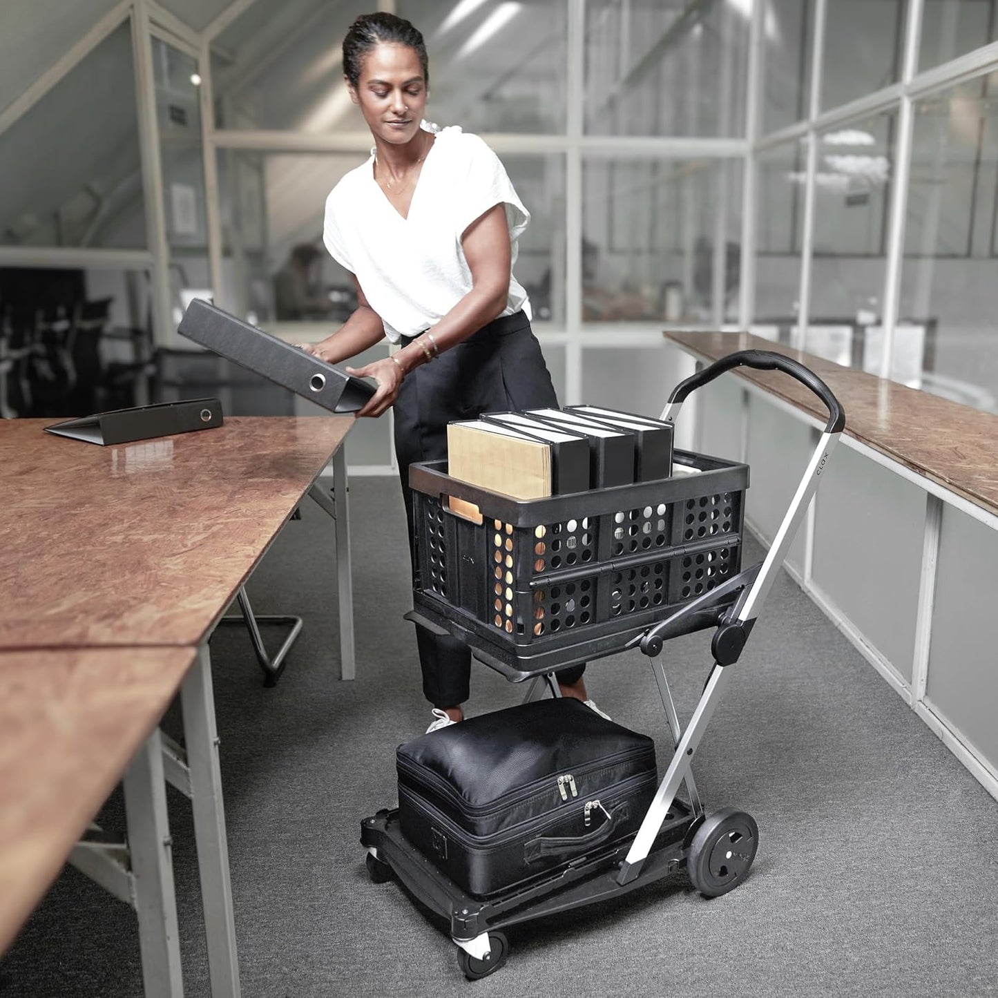 Klapmobiel – Transportwagen – Transportkar – Trolley – Inklapbare kar – Grijs/Grijs incl. 1 klapbox – Opvouwbaar via knop in handgreep – Afneembare wielen
