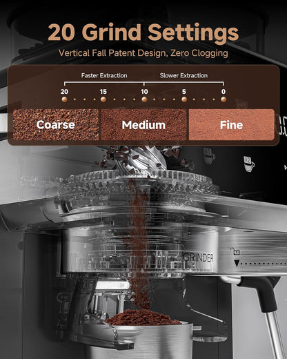 AMZCHEF Zeefdragermachine met maalwerk, 20 bar, espressomachine voor thuis met melkopschuimer, 3 temperatuurniveaus, 20 maalgraden, koud en warm brouwen, touchscreen-display