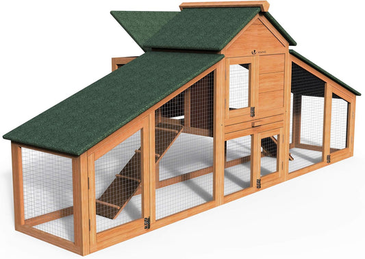 vounot Wooden chicken coop with nest box and perch, chicken coop, 2 chickens, 210 x 85 x 85 cm, with ramps and lockable doors, large activity area, ideal for chickens, small animals, rabbits